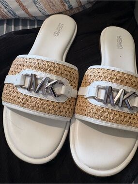 MICHAEL Michael Kors White & Natural Raffia MK Slide Sandals
